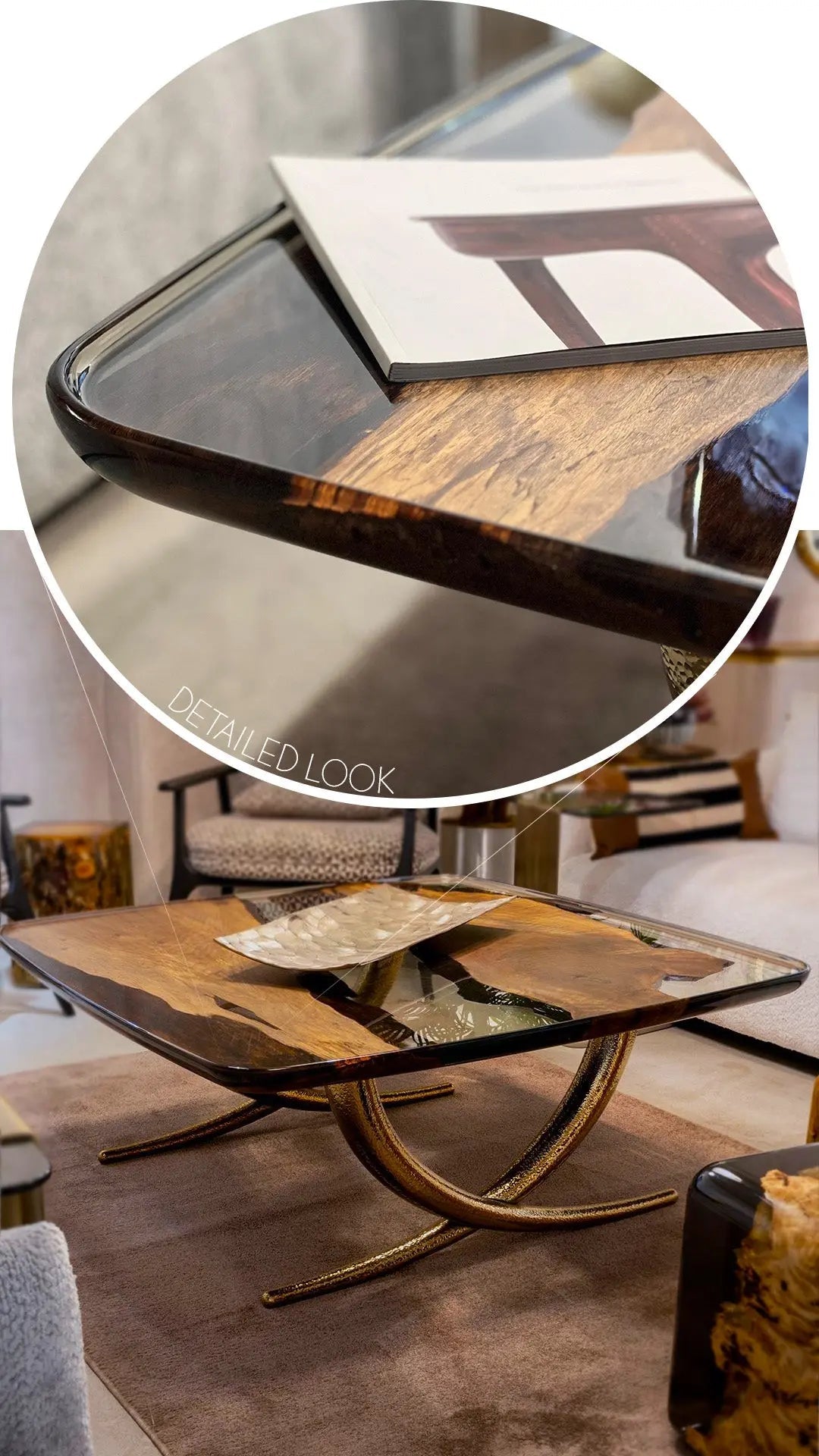 Ivory shaped epoxy resin coffee table made with walnut wood and aluminum legs
