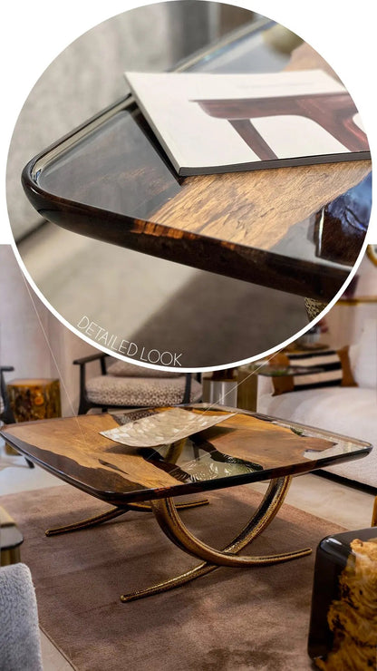 Ivory shaped epoxy resin coffee table made with walnut wood and aluminum legs