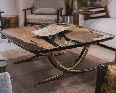 Ivory shaped epoxy resin coffee table made with walnut wood and aluminum legs