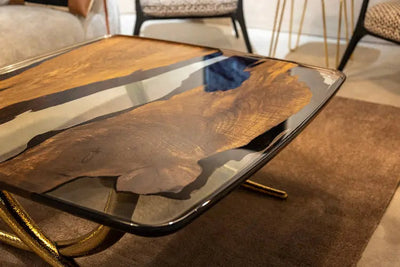 Ivory shaped epoxy resin coffee table made with walnut wood and aluminum legs