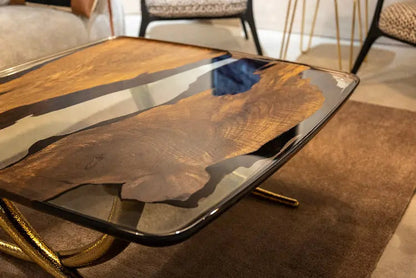 Ivory shaped epoxy resin coffee table made with walnut wood and aluminum legs