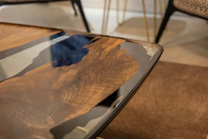 Ivory shaped epoxy resin coffee table made with walnut wood and aluminum legs
