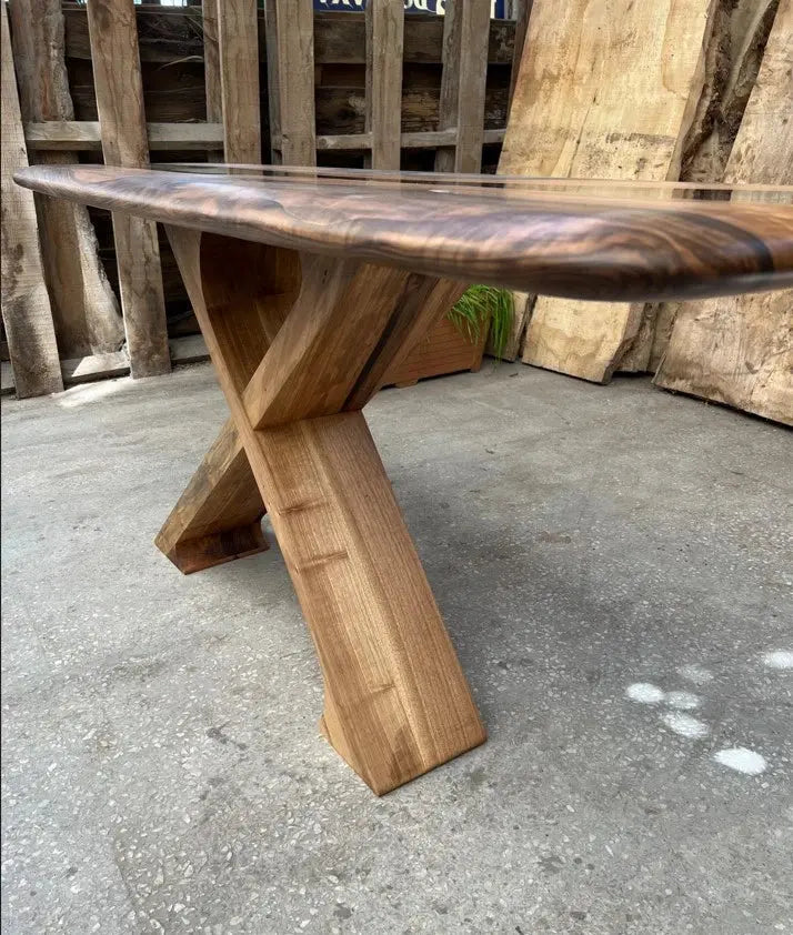 Handmade solid walnut console table with epoxy resin and live edge design