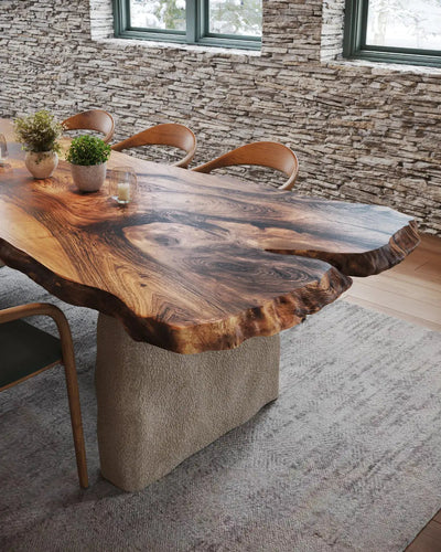 Wabi Sabi style solid walnut wood dining table with stone-inspired legs