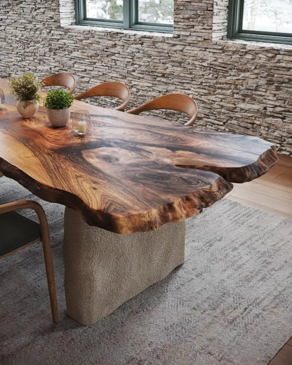 Wabi Sabi style solid walnut wood dining table with stone-inspired legs
