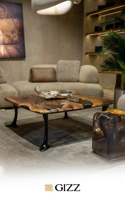 Luxury Epoxy Resin River Walnut Coffee Table with aluminum cast legs from the Osso Collection