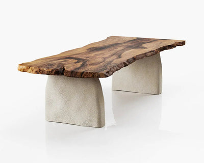 Wabi Sabi style solid walnut wood dining table with stone-inspired legs