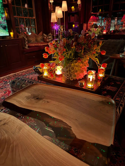 Luxury Walnut Epoxy Resin TV, Laptop and Snack Tray with small wheels and sleek legs
