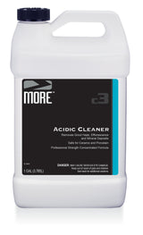 White plastic one-gallon jug with black and turquoise label reading 'MORE c3 Acidic Cleaner' and safety warnings, featuring a black screw cap and handle.