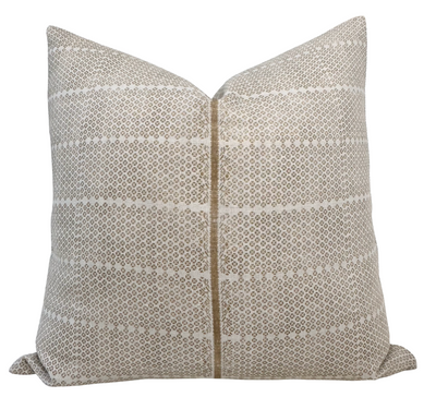 Madu Pillow Cover in Sand Brown showing front fabric with sand/natural print and ivory linen back