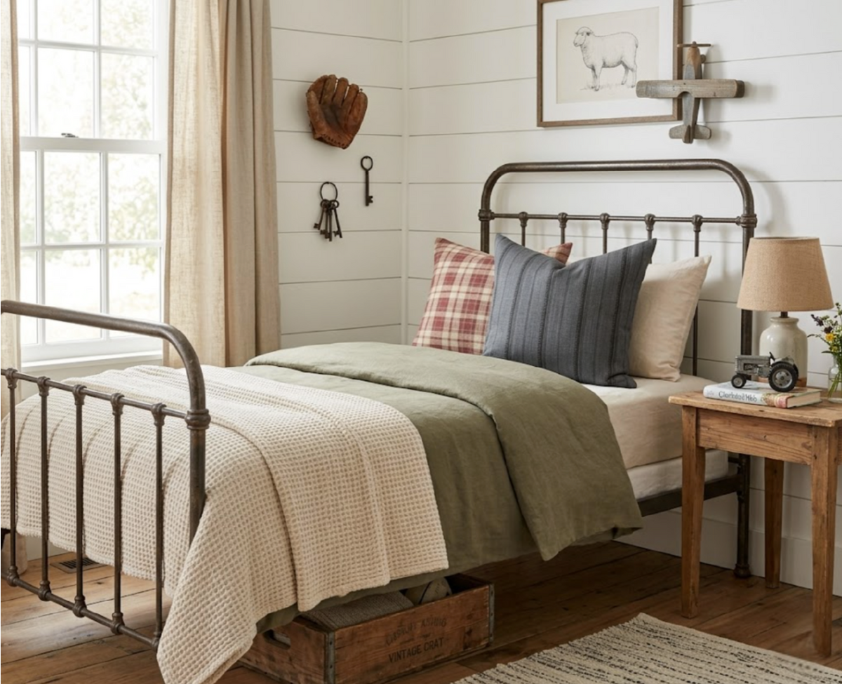 Bedroom with dark metal bed frame dressed in olive green and cream textured linens, accented by plaid and slate grey pillows, beside a rustic wooden nightstand.