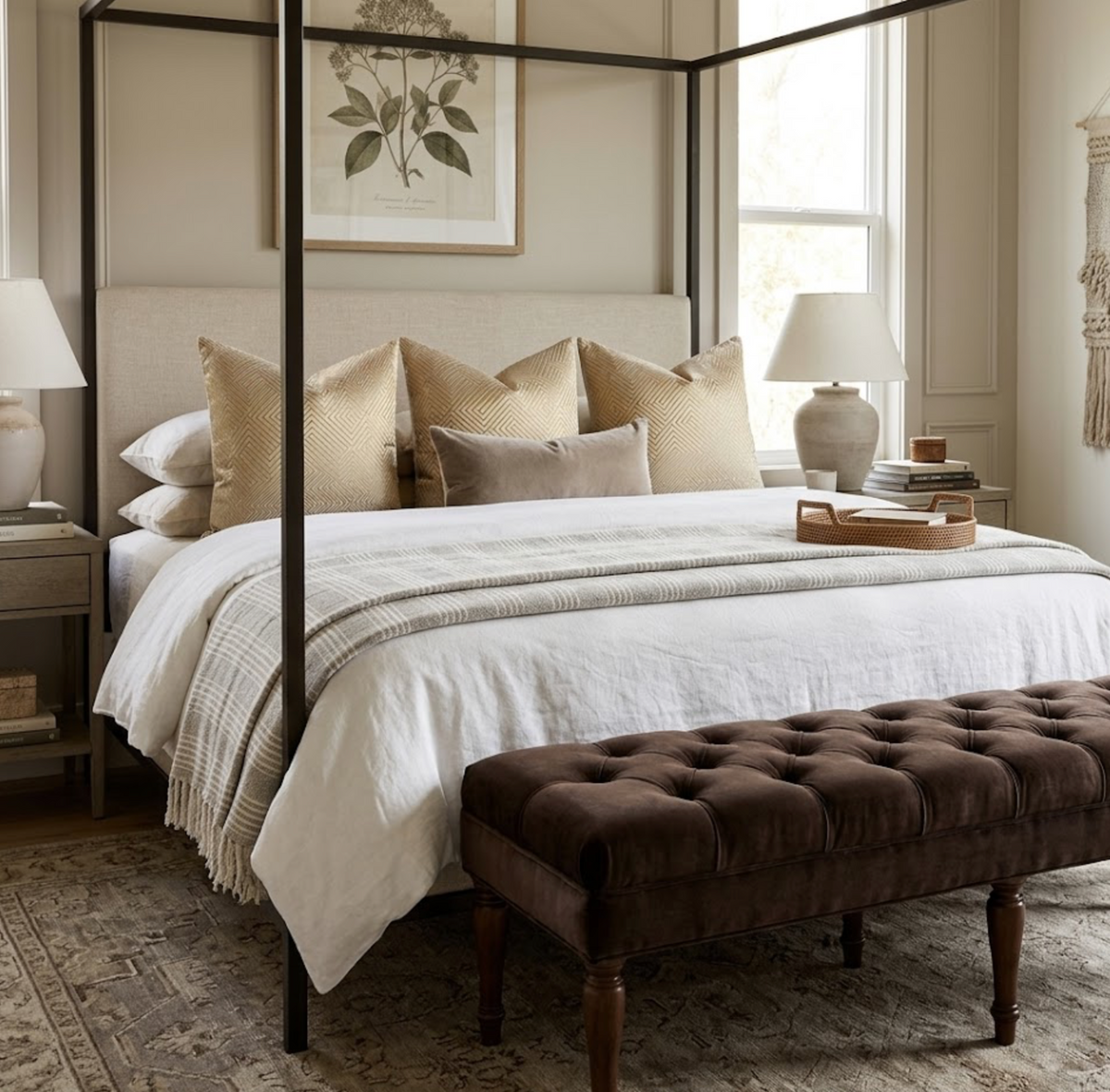 Bed with beige textured pillows, white bedding, and a striped throw, flanked by two ceramic table lamps on nightstands beneath botanical wall art.