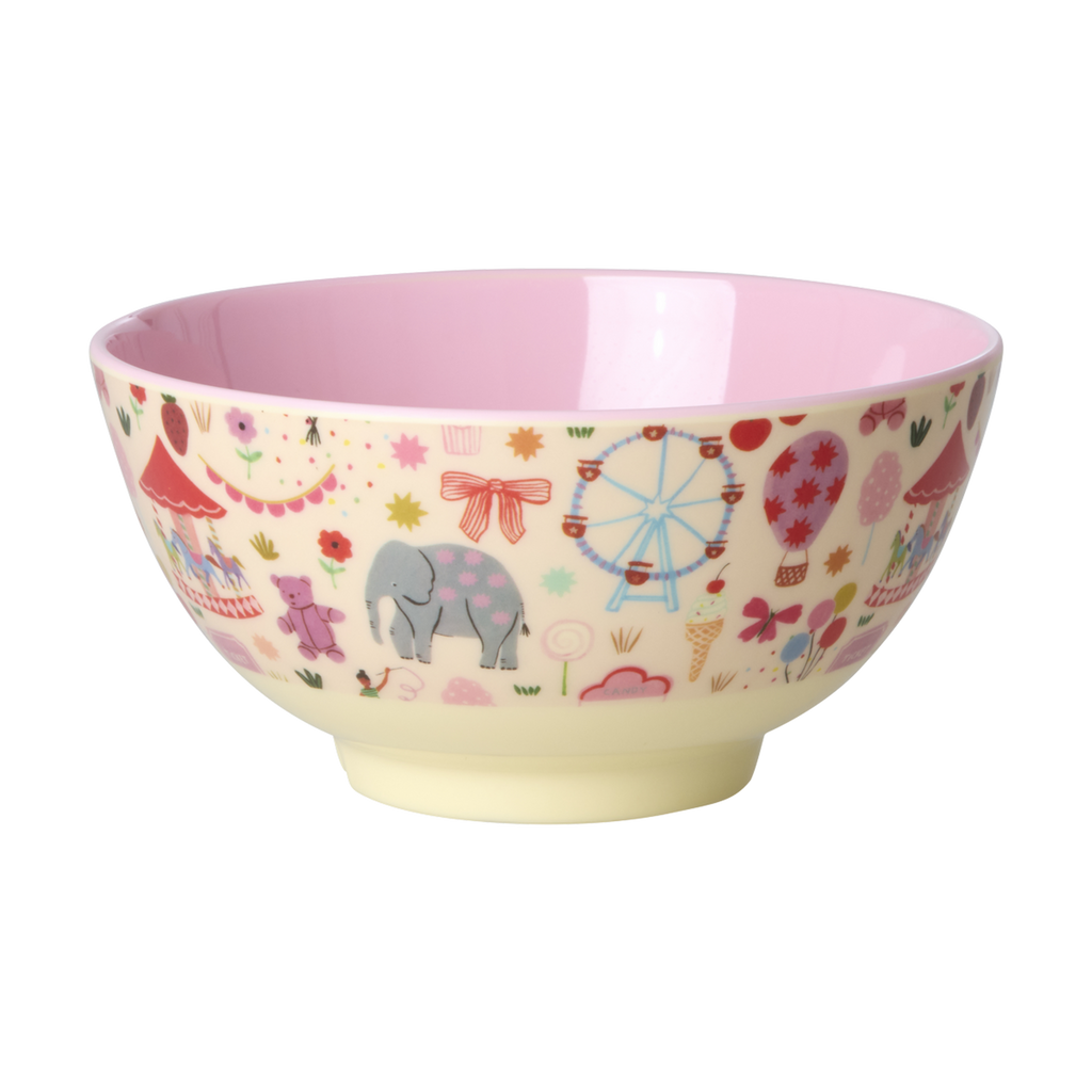 Medium melamine bowl with fun fair pink print on white background