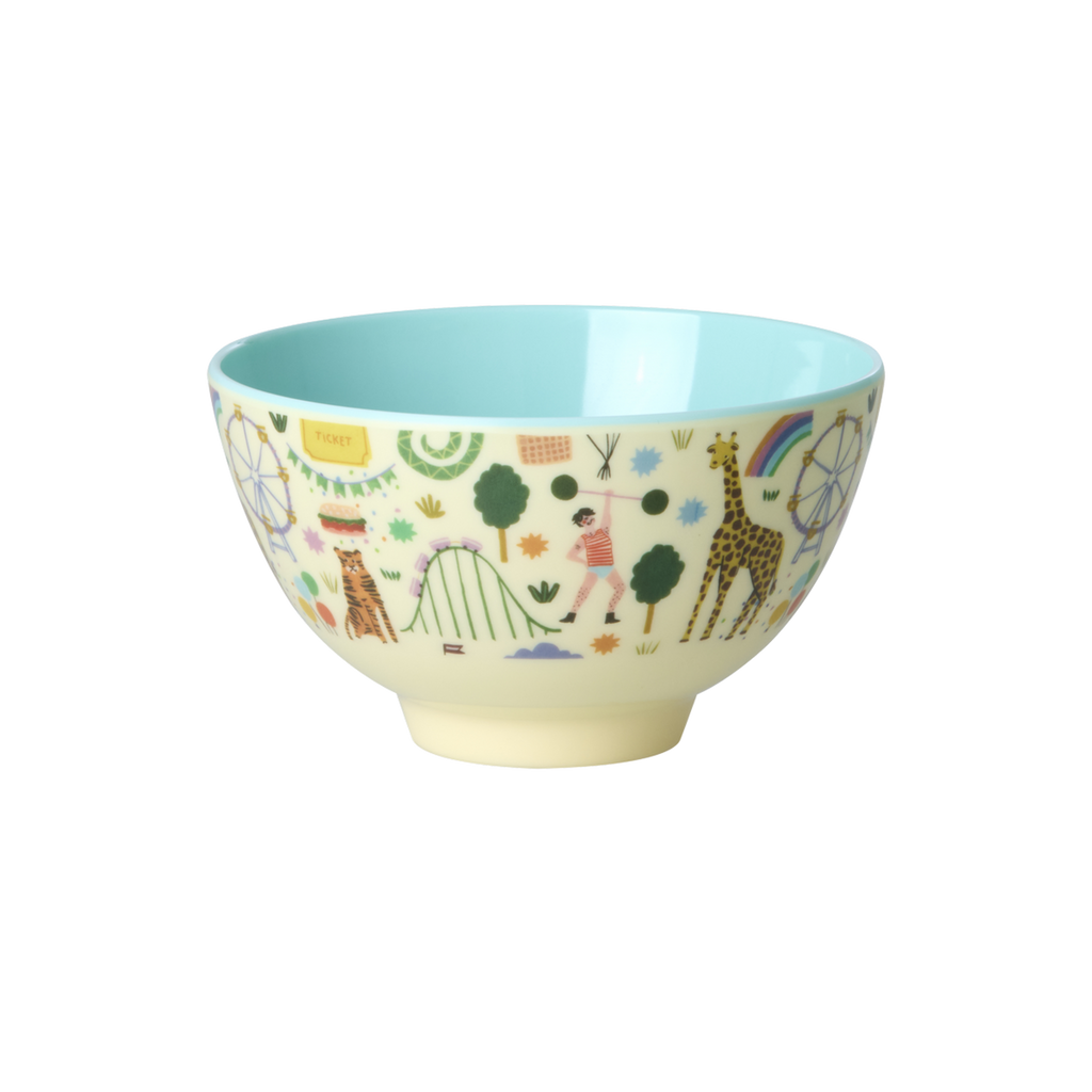 Small Melamine Bowl with Fun Fair Print in mint color, viewed from above showing pattern and rounded form