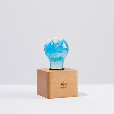 EP Light Memory Resin LED Bulb handcrafted with eco-friendly resin, shown with wooden base options