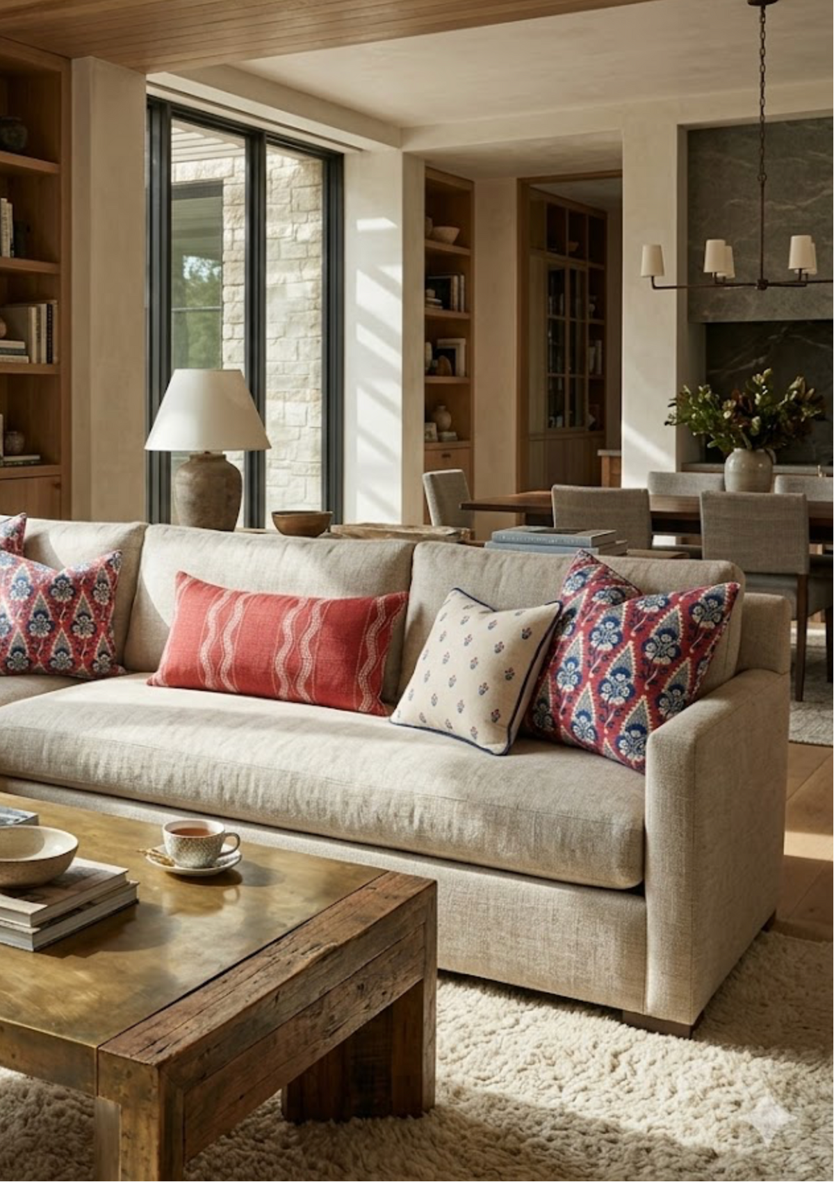 Neutral beige sofa with red and blue floral patterned pillows and a smaller cream pillow, set in a cozy living room with a rustic wooden coffee table and large window.