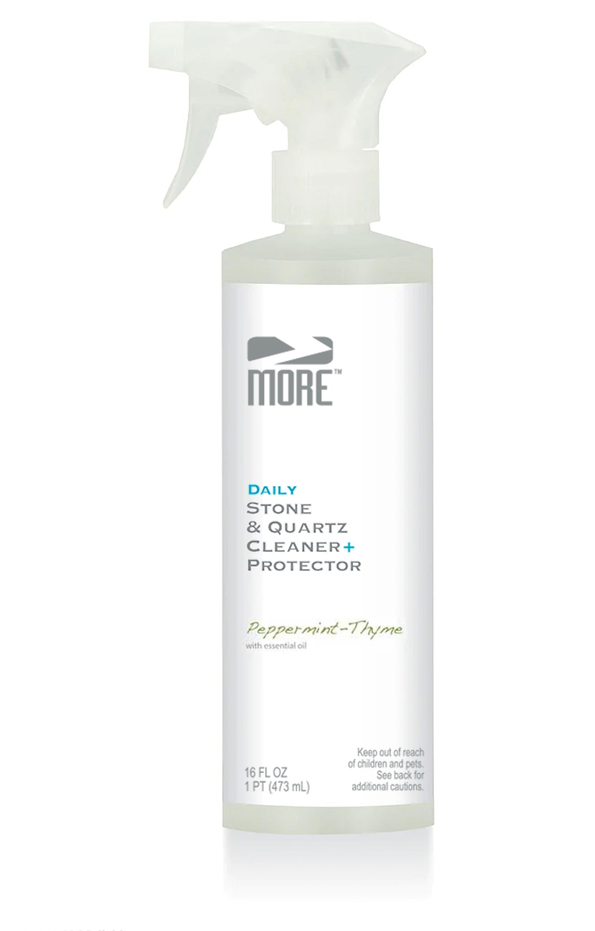 MORE® Stone & Quartz Cleaner + Protector spray bottle with Peppermint Thyme scent label