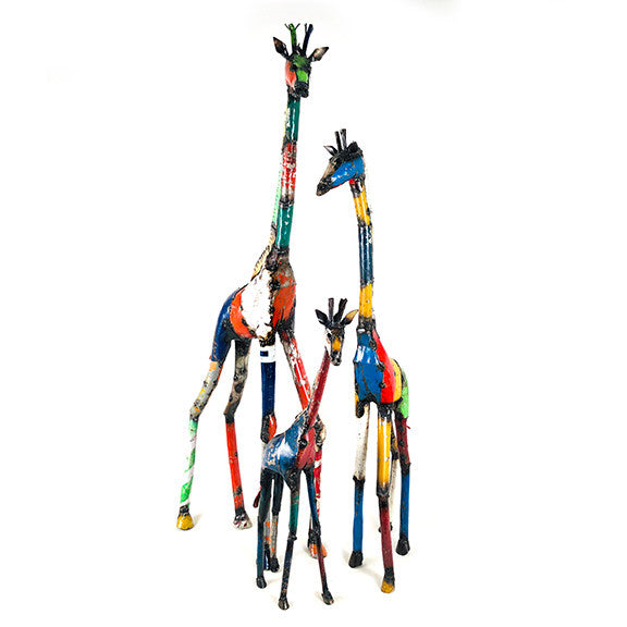 Colorful Funky Giraffe metal sculpture made from recycled oil drums