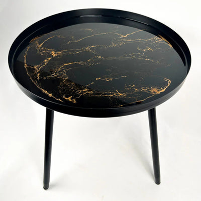 Resin Art Side Table with black metal frame and glossy resin-coated acacia wood tabletop in Northern Lights color