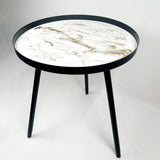 Resin Art Side Table with black metal frame and glossy resin-coated acacia wood tabletop in Northern Lights color