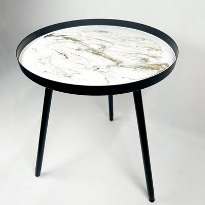 Resin Art Side Table with black metal frame and glossy resin-coated acacia wood tabletop in Northern Lights color