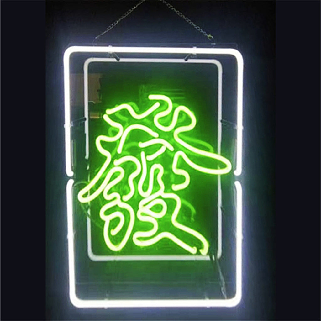 Mahjong 发 Chinese Characters Fortune Neon Sign illuminated in warm light, mounted on acrylic backing with metal chain