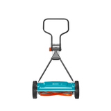 Front view of a manual cylinder lawnmower with a teal cutting cylinder, large black wheels, and a black handle with an orange adjustment knob.