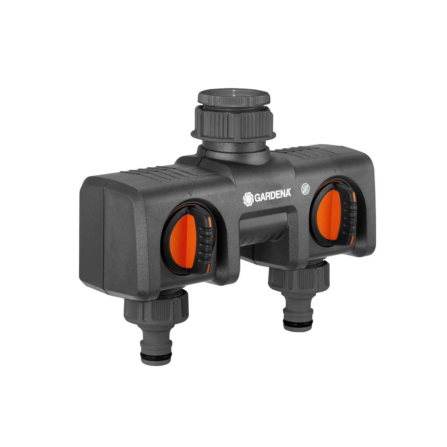 Gardena 2 Port Garden Hose Valve 08195 showing two outlet valves with threaded inlet fitting