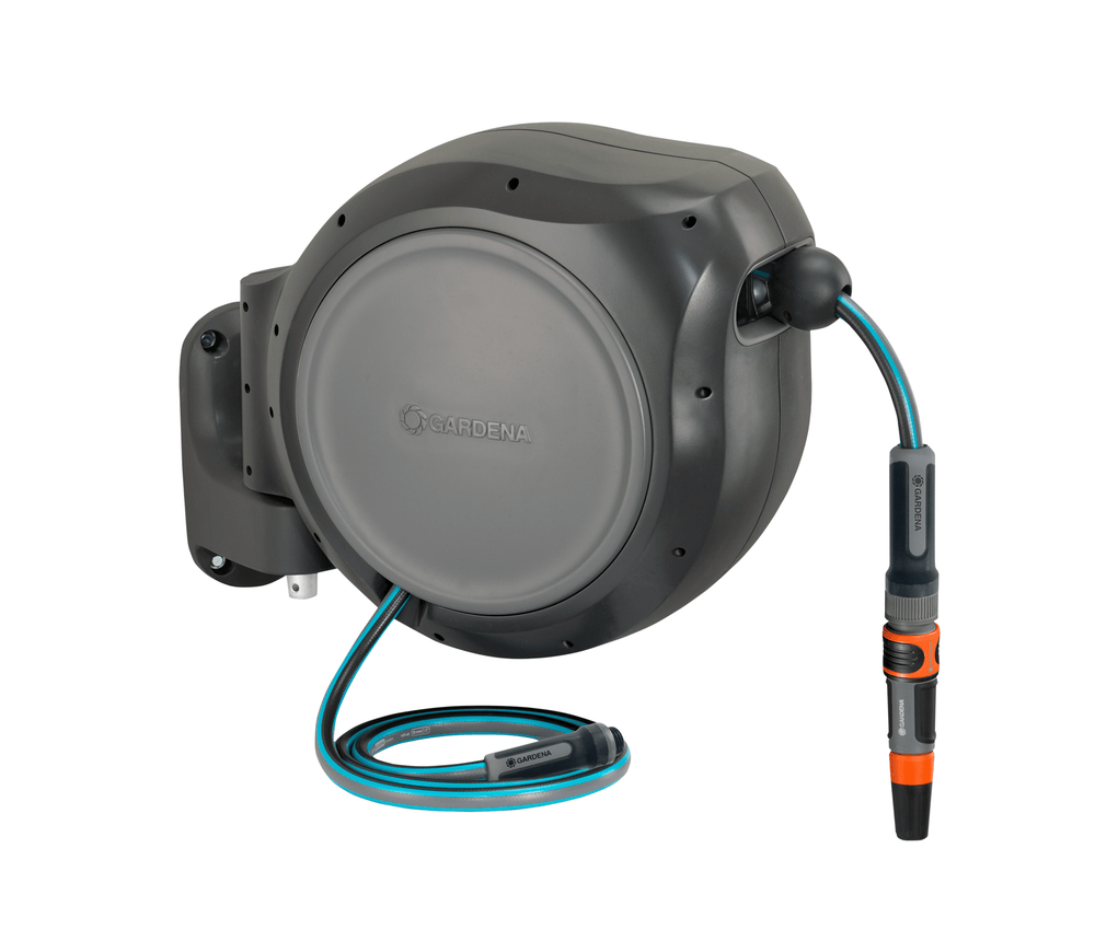 50 ft.
Wall Mount Hose Reel by Gardena mounted on garden wall