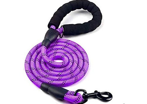 Purple 6-foot dog leash for large and medium dogs with padded handle and reflective strips