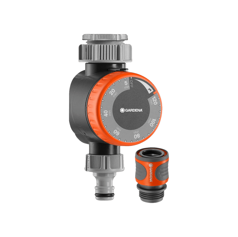 Gardena Mechanical Water Timer with Flow Control shown connected to a garden tap with large rotary dial