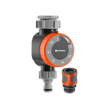 Gardena Mechanical Water Timer with Flow Control shown connected to a garden tap with large rotary dial