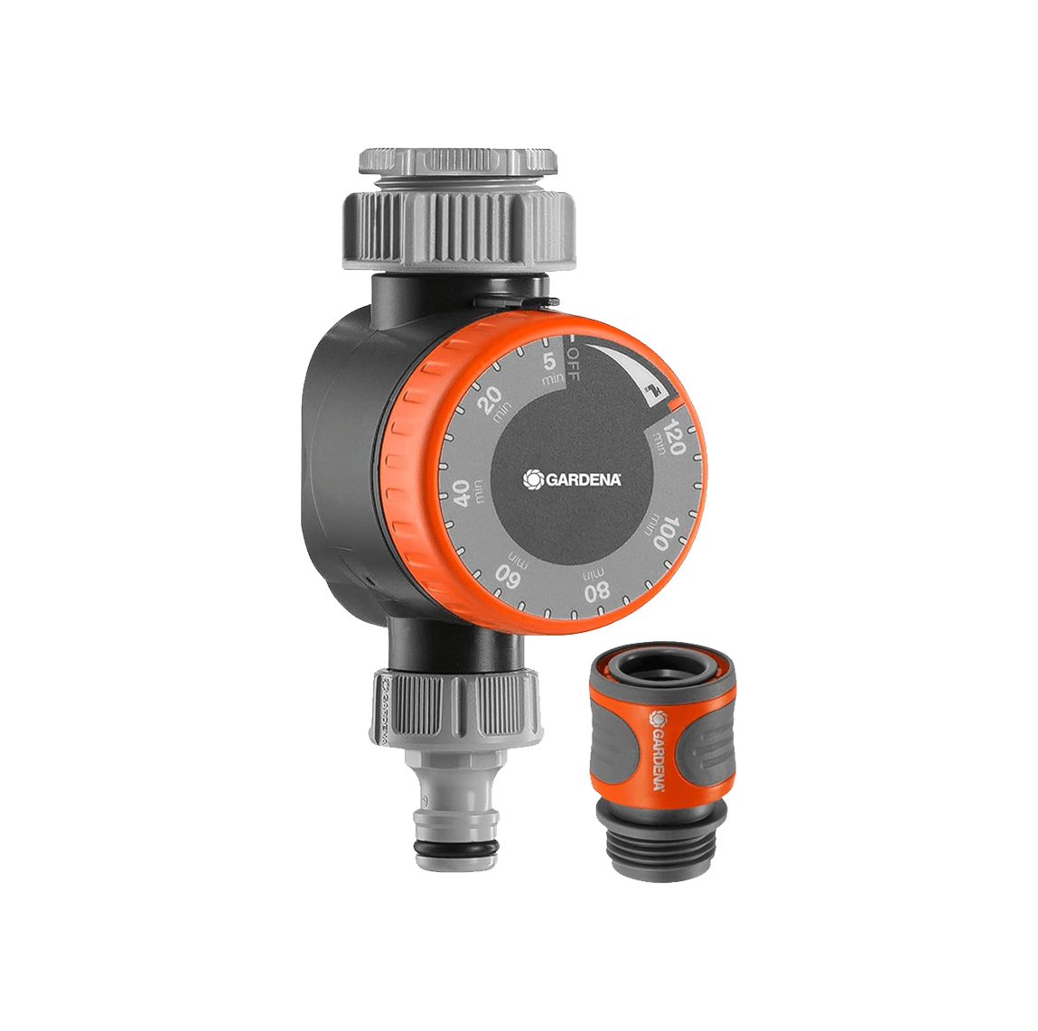 Gardena Mechanical Water Timer with Flow Control shown connected to a garden tap with large rotary dial