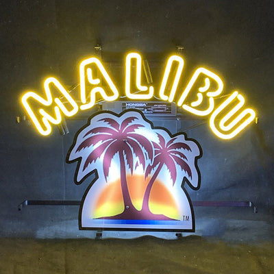 Malibu Beer Neon Light Sign lit up against dark background, showcasing its warm yellow and red glow