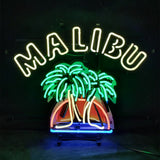 Neon sign with the word MALIBU in white, above glowing green palm trees and a stylized orange sunset with a blue base on black background.