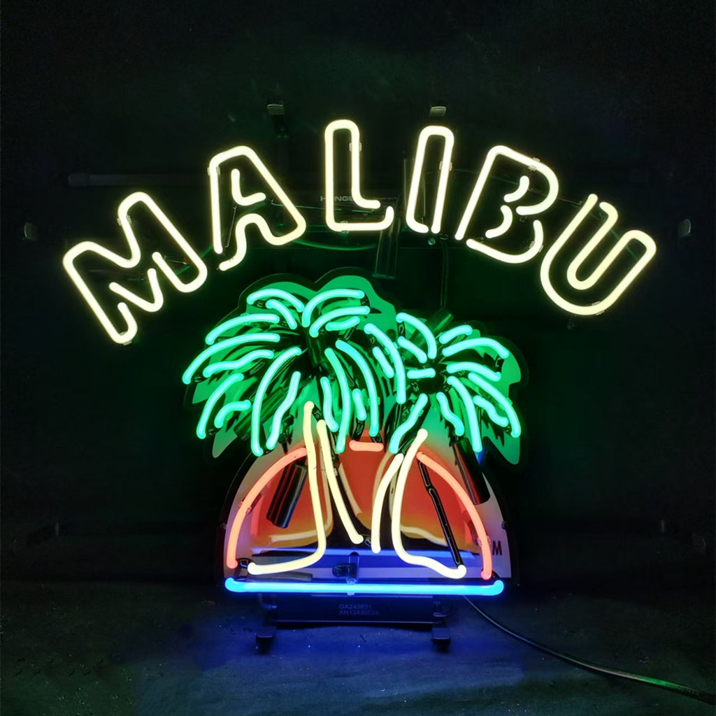Neon sign with the word MALIBU in white, above glowing green palm trees and a stylized orange sunset with a blue base on black background.