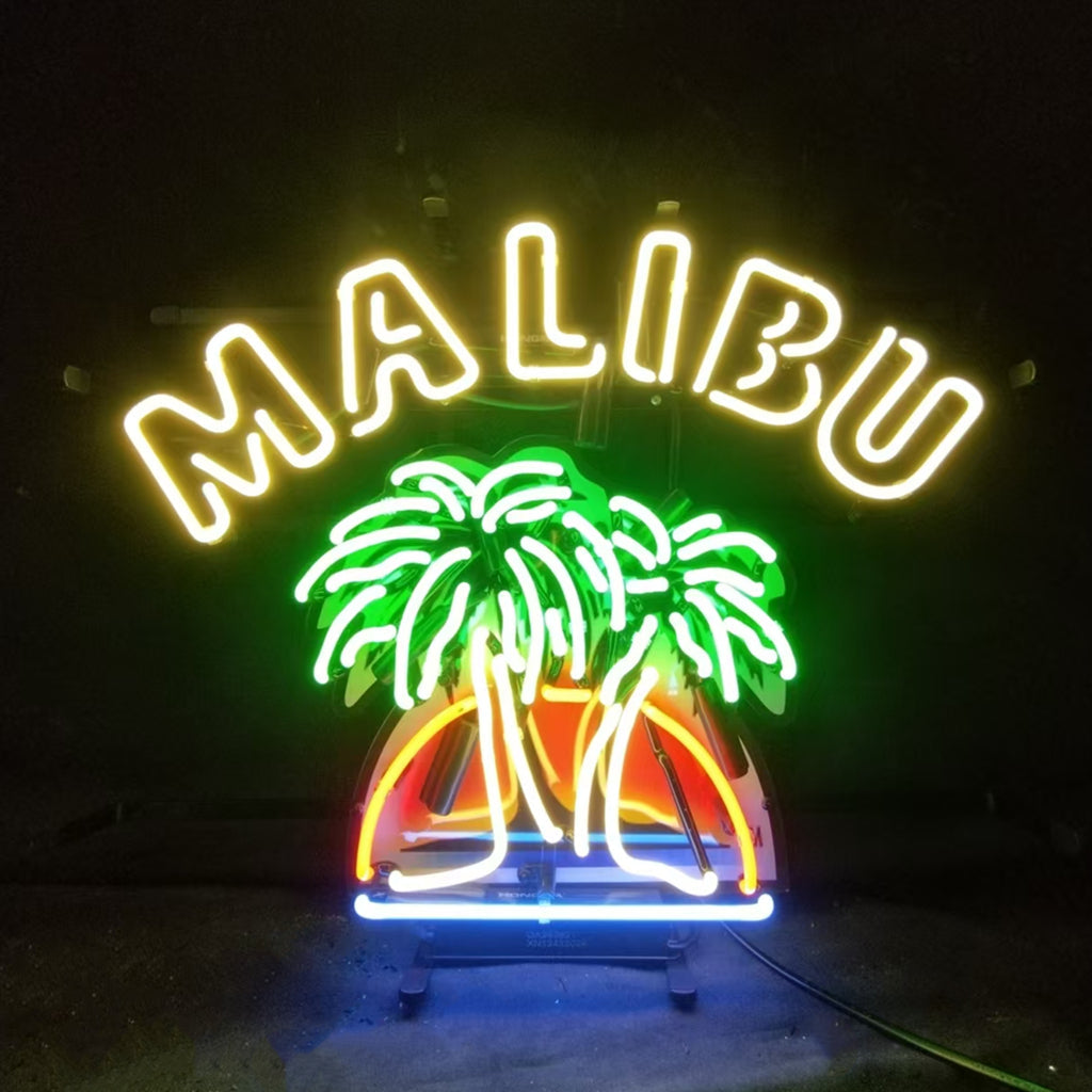 Malibu Beer Palm Tree Neon Sign showing glowing green palm tree and text on an acrylic or metal grid backing