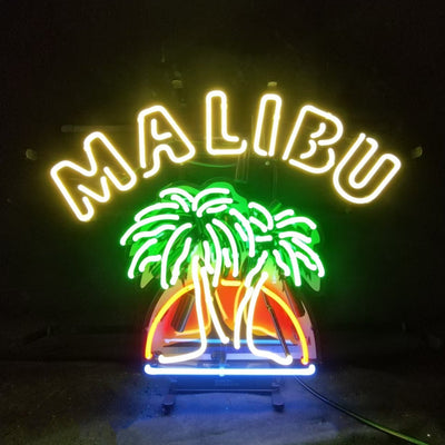 Malibu Beer Palm Tree Neon Sign showing glowing green palm tree and text on an acrylic or metal grid backing