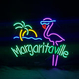 Multicolored neon sign featuring a pink flamingo wearing blue sunglasses beside a yellow sun and green palm tree above the word 'Margaritaville' in green neon letters.