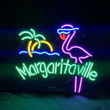 Margaritaville Flamingo Sun Sea Plam Tree Neon Sign Light glowing in pink, yellow, and green tones with a flamingo and sun design