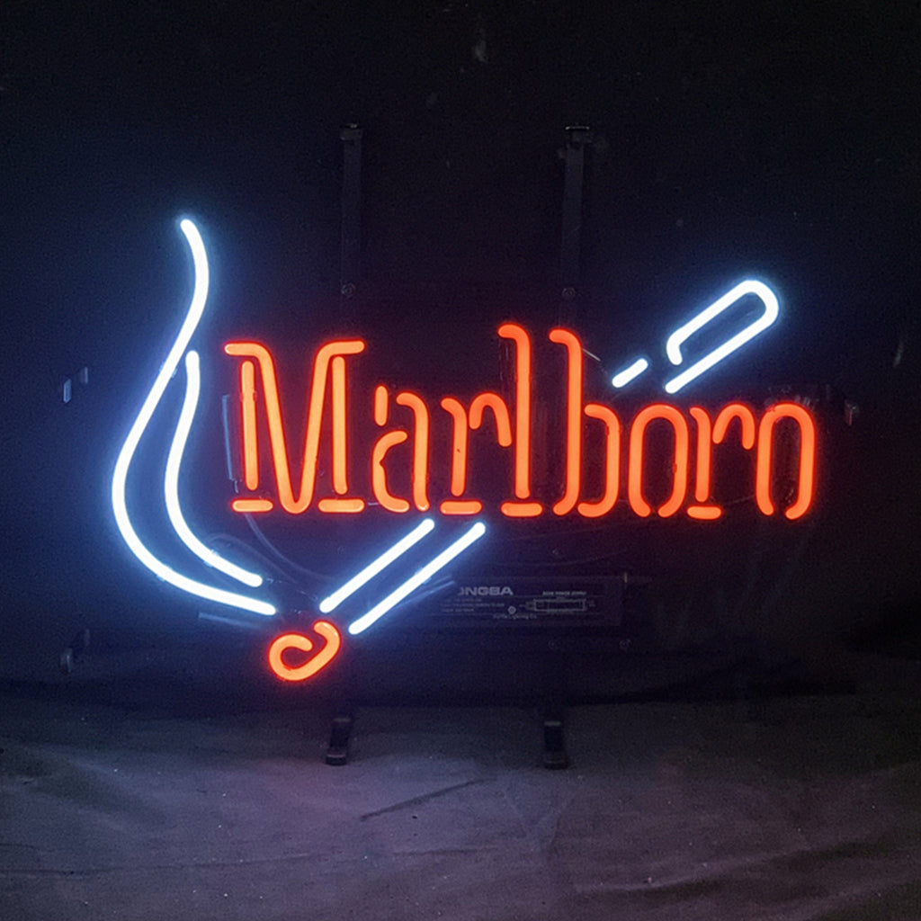 Marlboro Design Real Glass Hand Bent Neon Sign Light displaying a neon Marlboro cigarette design on metal grid backing
