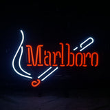 Neon sign featuring orange-red cursive 'Marlboro' text against a white glowing stylized cigarette with smoke on a black background.