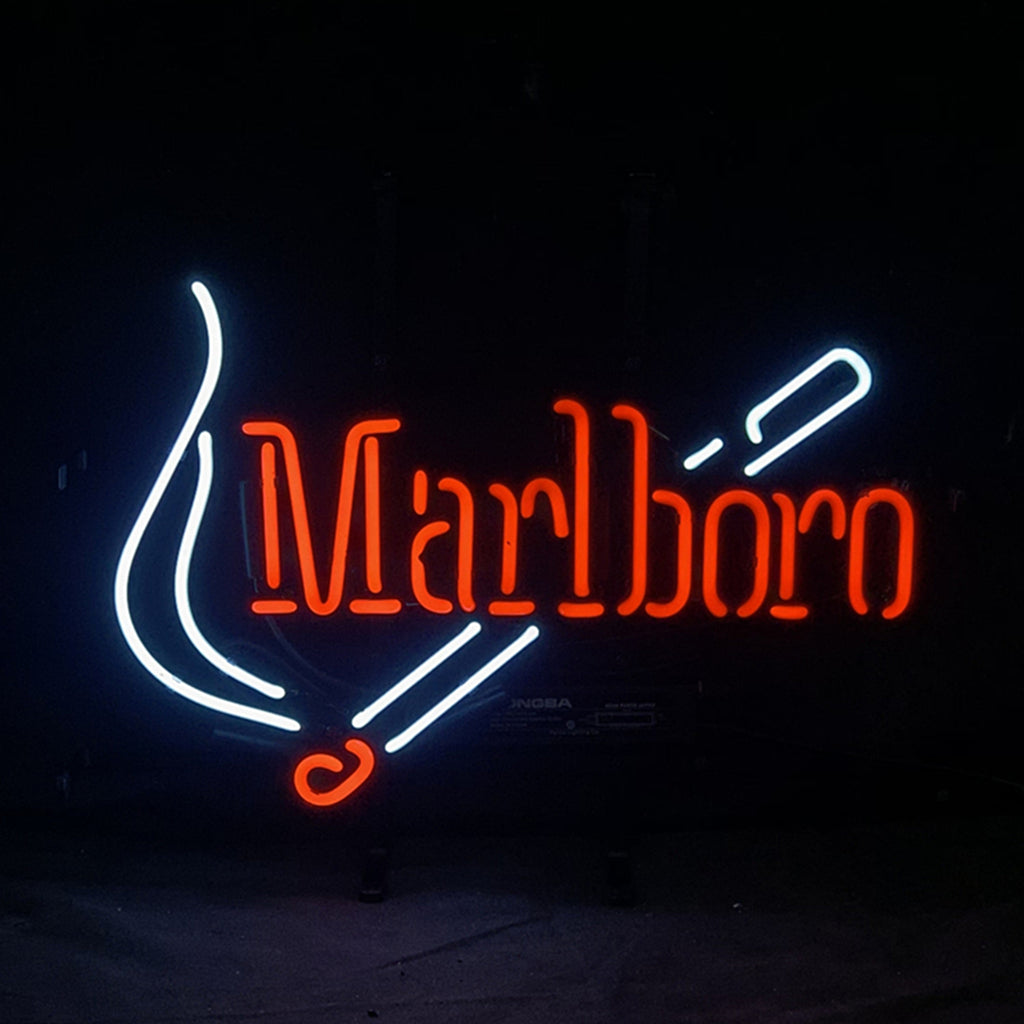 Neon sign featuring orange-red cursive 'Marlboro' text against a white glowing stylized cigarette with smoke on a black background.