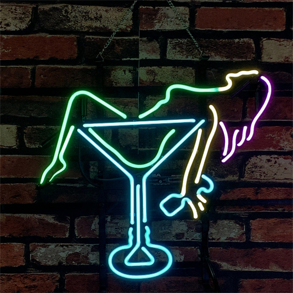 Martini Girl Neon Sign showing a neon light silhouette of a woman holding a martini glass, with vibrant pink and blue glow.
