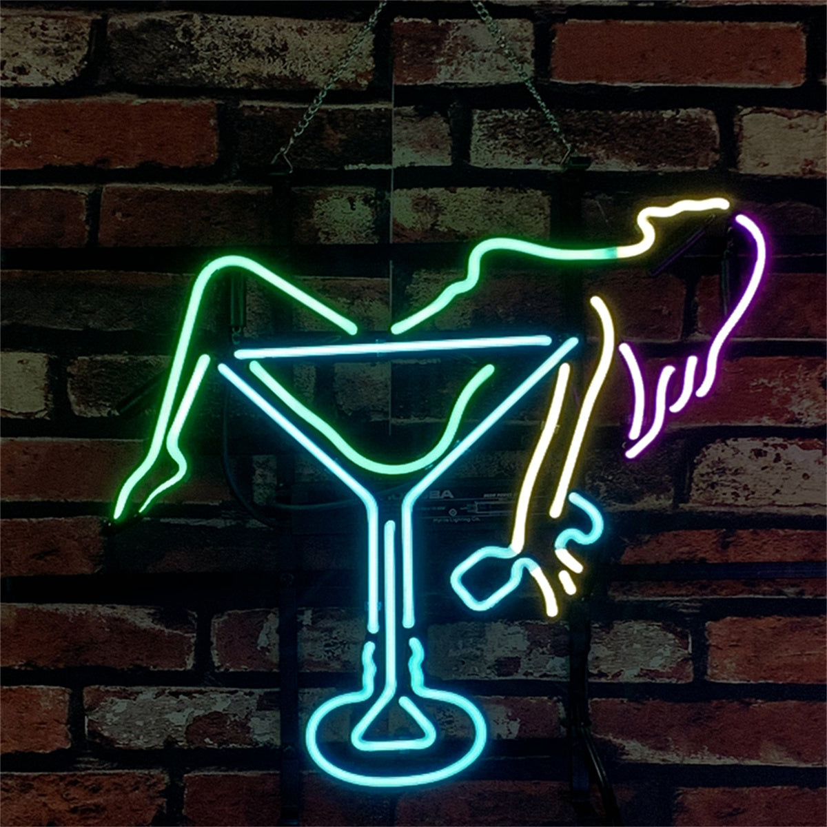 Martini Girl Neon Sign showing a neon light silhouette of a woman holding a martini glass, with vibrant pink and blue glow.