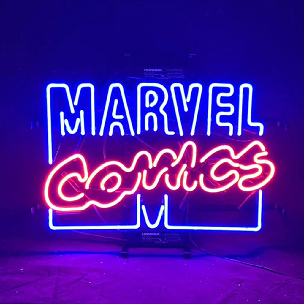 Illuminated Marvel Comics Neon Light Sign mounted on a wall displaying bright red and white neon tubing.