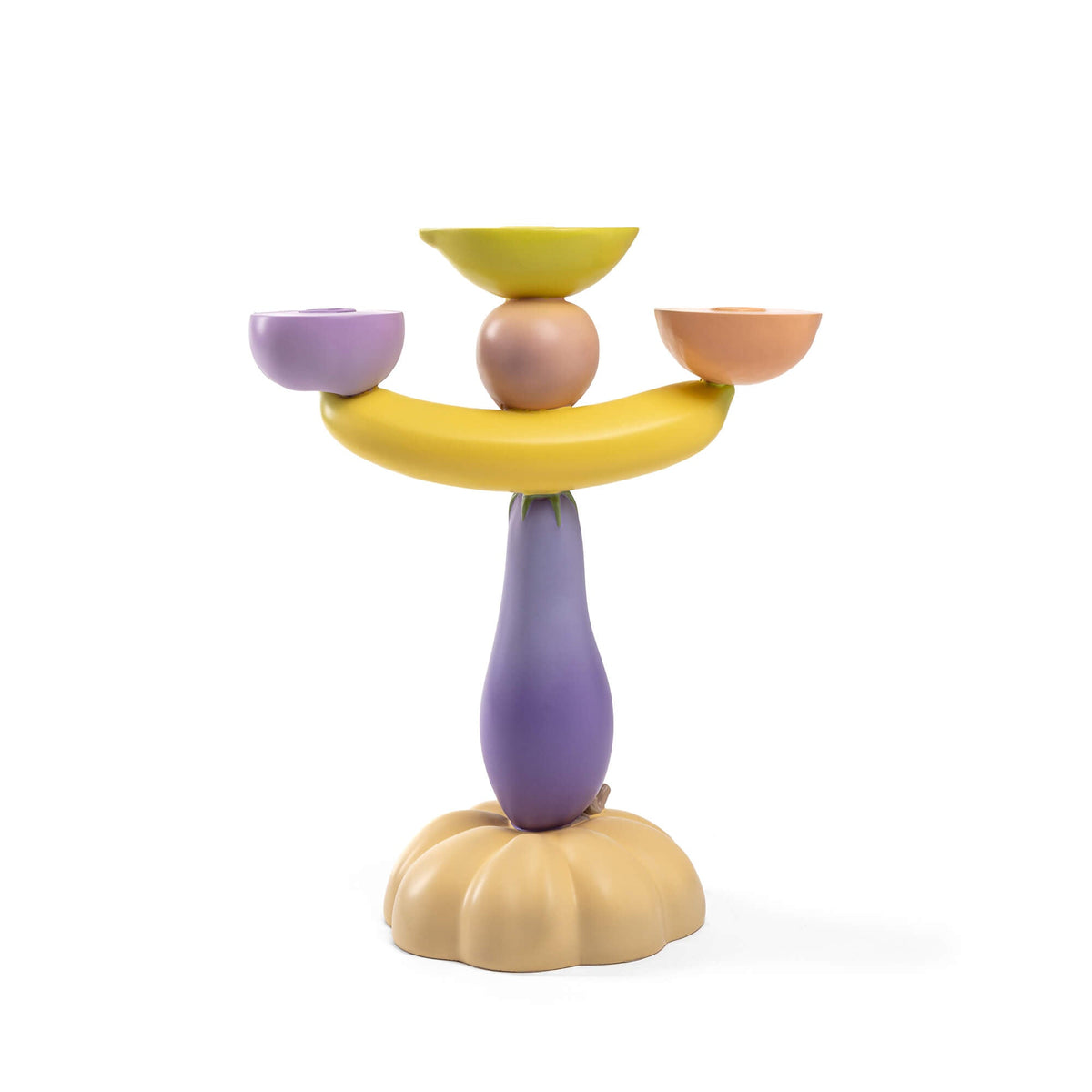 Color-blocked candelabra with yellow curved arm, purple base and left cup, yellow top cup, orange right cup, and peach spherical accent at center.