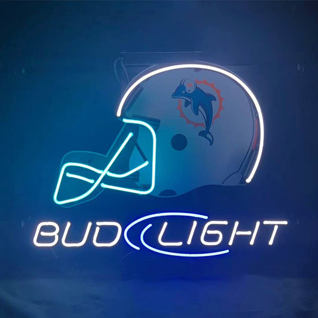 Neon light sign featuring a white and blue football helmet with a dolphin logo above the glowing blue and white Bud Light text on a dark background.