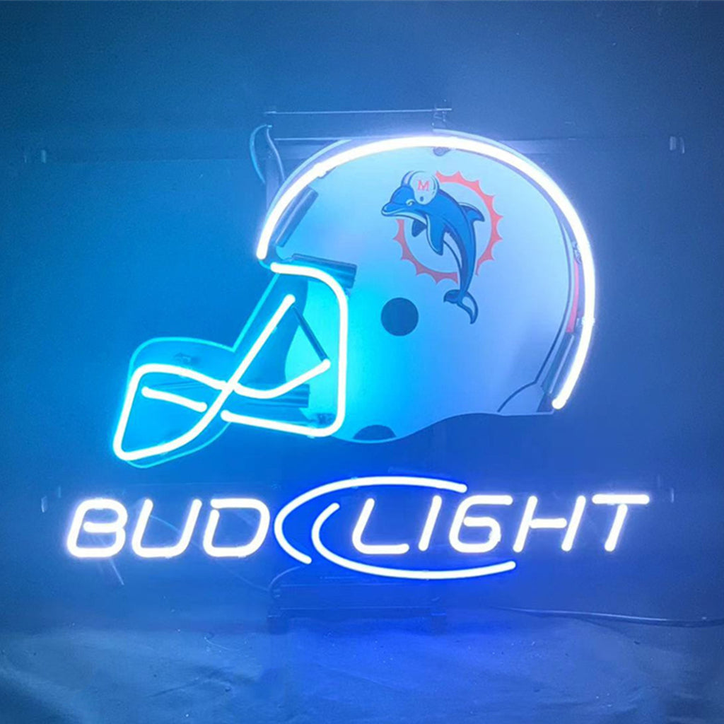 Miami Dolphins Helmet Bud Light Neon Light Sign glowing against a dark background