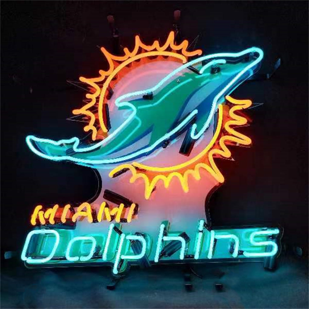 Miami Dolphins neon sign with acrylic logo on metal grid in a square 19x15 inch backing